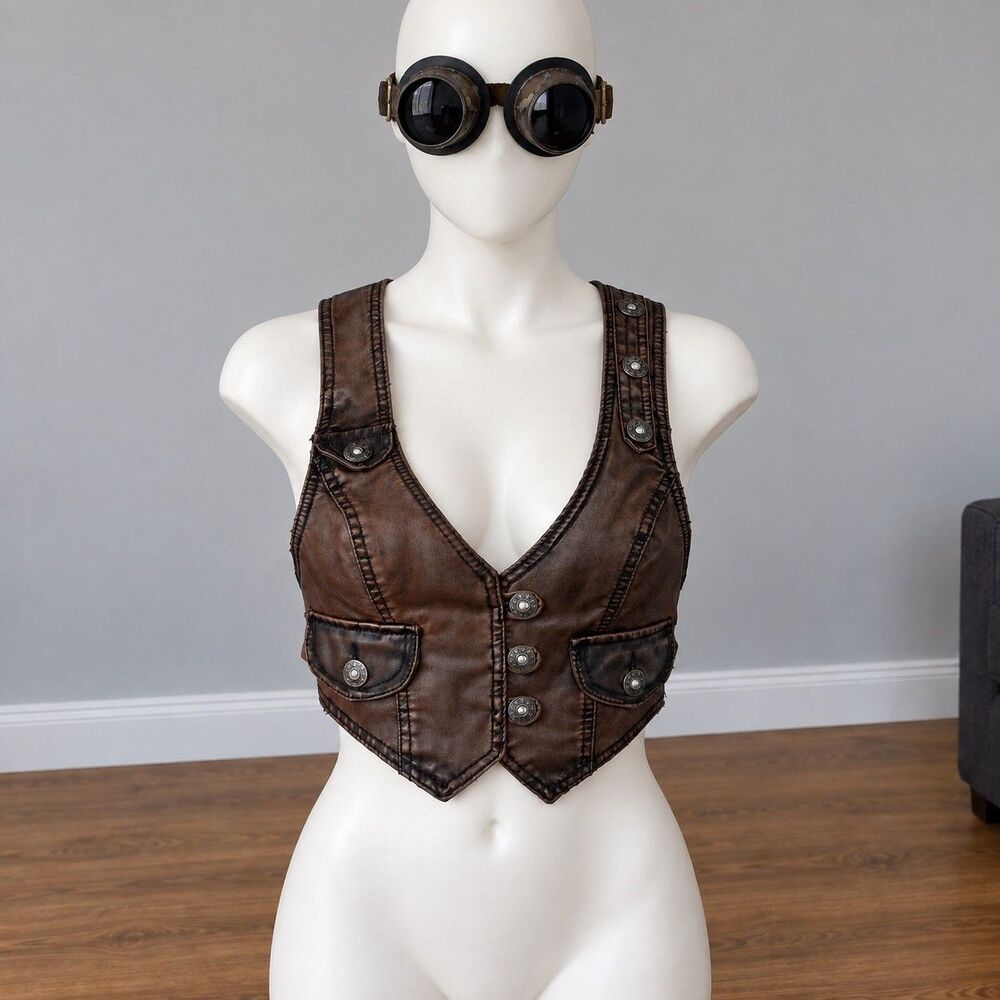 Last Kiss Y2K Steampunk Faux Leather Vest Womens S Brown Goggles Grunge Western